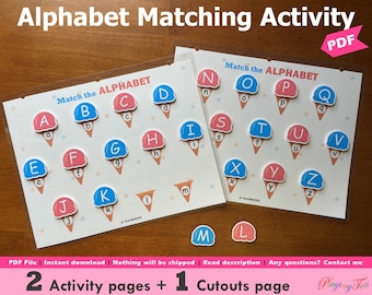 May include: Two printable activity pages for kids to learn the alphabet. The pages feature ice cream cones with letters on them. There is also a separate page with cutouts of the letters to match.