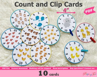 Count and Clip Animals Cards Printable, Busy Bag Activities, Task Box, Busy Box, Quiet Time Task, Toddler, Preschool, Prek Math, Homeschool