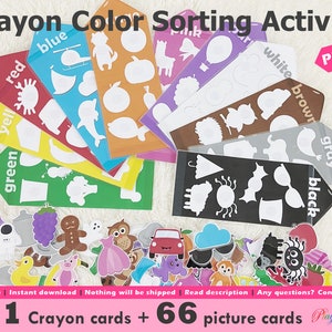 May include: A set of 11 colorful crayon cards and 66 picture cards for a color sorting activity. The cards feature various shapes and images, including a ladybug, a flower, a car, a spider, and a cloud. The cards are designed for children to learn about colors and sorting.