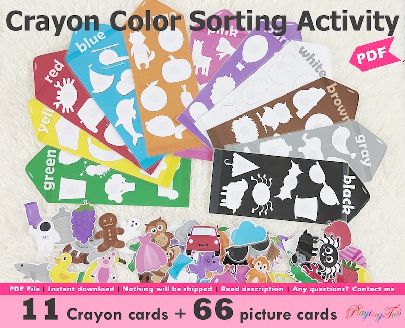 May include: A set of 11 colorful crayon cards and 66 picture cards for a color sorting activity. The cards feature various shapes and images, including a ladybug, a flower, a car, a spider, and a cloud. The cards are designed for children to learn about colors and sorting.
