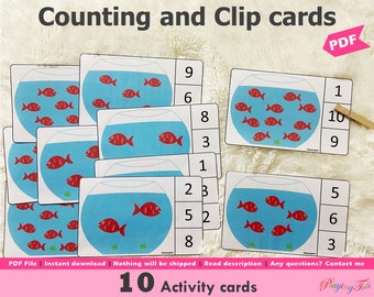 Fish Counting Activity Printable, Count and Clip Activity, Toddler Busy Bags, Practice Counting, Preschool Math, Counting Practice