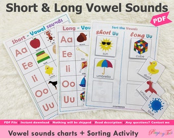 Vowel Chart Printable, Vowel Sounds PDF, Short and Long Vowels Sorting Activity, Toddler Busy Book Pages, Vowel Poster, Learning Binder