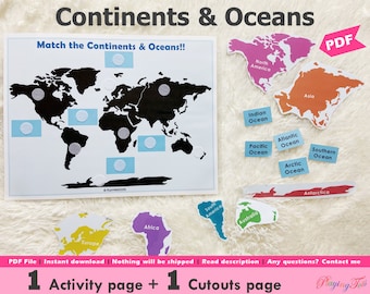 Continenten en oceanen bijpassende activiteit afdrukbare, continenten van de wereld, wereldkaart, Homeschool Resource, leren bindmiddel activiteitenpagina
