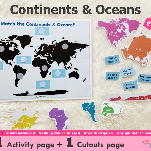 Continents and Oceans Matching Activity Printable, Continents of the World, World Map, Homeschool Resource, Learning Binder Activity Page