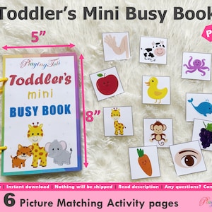 Toddler Mini Busy Book Printable, Travel Size Activity Book, Fun Quiet Book, Pictures Matching First Busy Book for Babies, Car Ride Book
