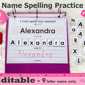 Activité de pratique de l'orthographe des noms modifiable en 9 lettres, Imprimable, construction et écriture de noms, livre chargé, cartable d'apprentissage, tout-petits, enfants d'âge préscolaire
