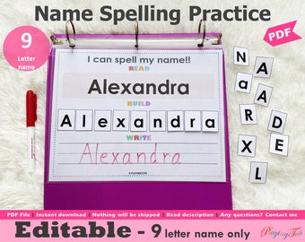 Editable 9 Letter Name Spelling Practice Activity Printable, Name Building and Writing, Busy Book, Learning Binder, Toddlers, Preschoolers