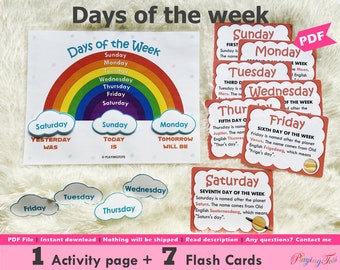 Days of the Week Activity Printable, Days Flashcards, Days of week Worksheet, Yesterday Today and Tomorrow Matching Activity, Preschool,PreK