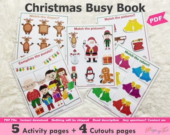 Könnte beinhalten: Eine Sammlung von Weihnachts-Aktivitätsseiten mit Spielen zum Zuordnen und einem Puzzle. Die Seiten zeigen festliche Illustrationen von Rentieren, dem Weihnachtsmann und Lebkuchenmännern. Der Text "Christmas Busy Book" steht oben.