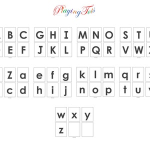 May include: Black and white alphabet letter tiles for kids to learn the alphabet. The tiles are arranged in rows and columns, with each letter in a separate square.