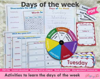 Days of the Week Activity Printable, Days Wheel, Days Flashcards, Days of week Worksheets, Yesterday Today and Tomorrow Matching Activity