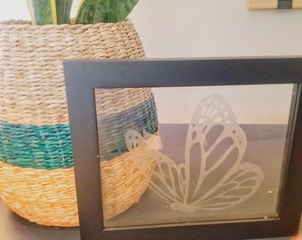 Simple Butterfly Etched Glass in Black Frame
