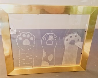 Cat paws-up framed etched glass