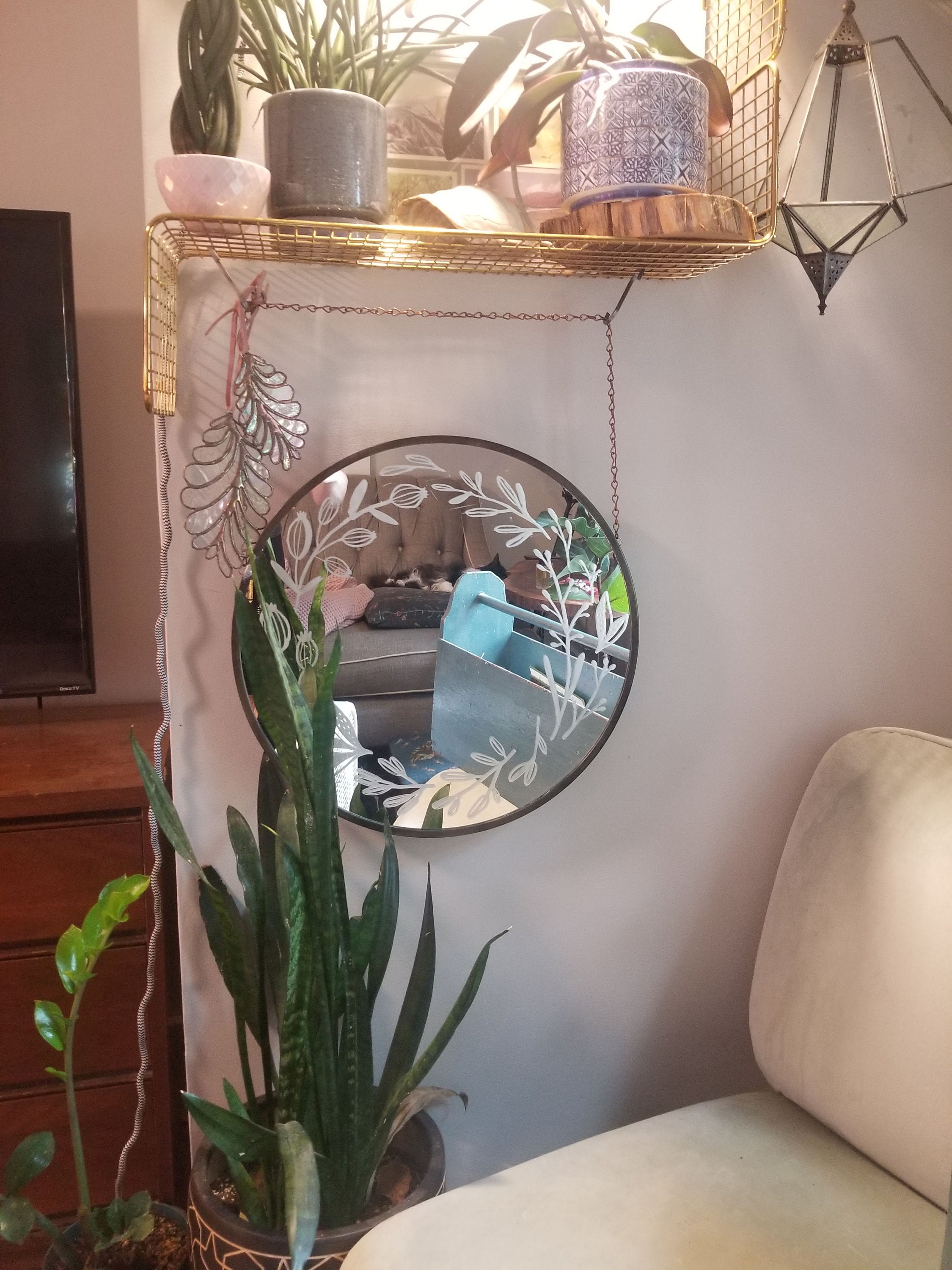 Mirror with Glazing Beads, Engraved Glass, Floral Decor and Wooden