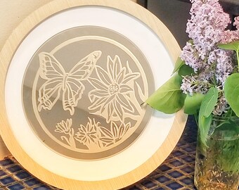 Butterfly and Daisy Etched Circle Mirror