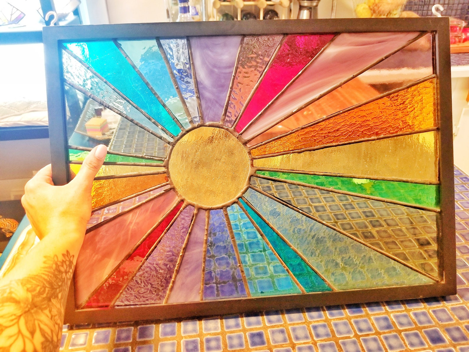 Rainbow Sunburst Stained Glass Window Panel Etsy