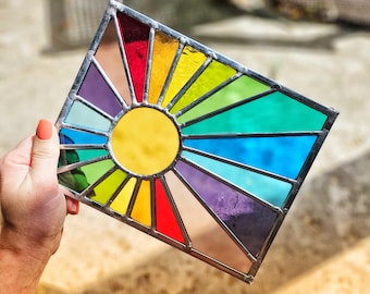 Rainbow Sunburst Stained Glass Window Panel