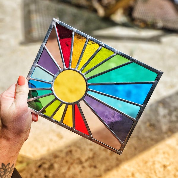 Rainbow Sunburst Stained Glass Window Panel