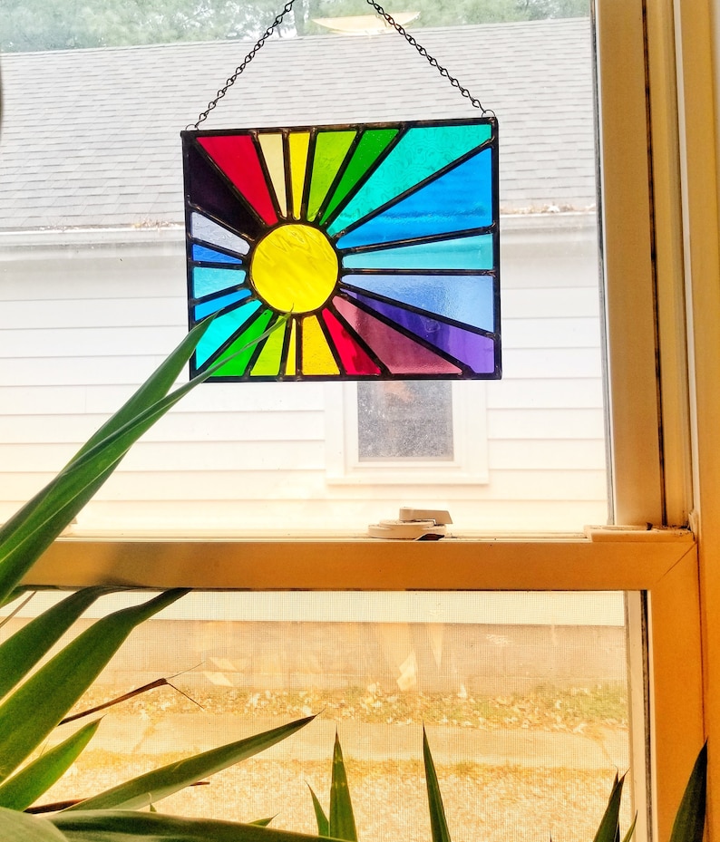 Rainbow Sunburst Stained Glass Window Panel Etsy