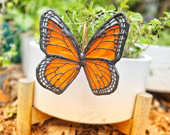 Stained Glass Monarch Butterfly Plant Stake – Handmade Garden Decor