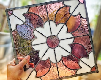 Vintage-Inspired Floral Stained Glass Panel – Handcrafted Suncatcher