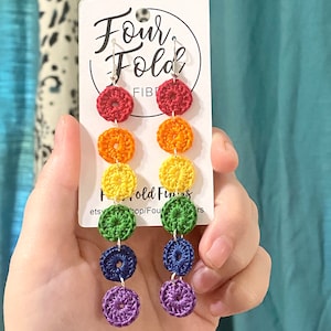 Crochet PRIDE rainbow earrings | pretty earrings | boho | handmade earrings | handmade jewelry | Fourfold Fibers | microcrochet | LGBTQIA+