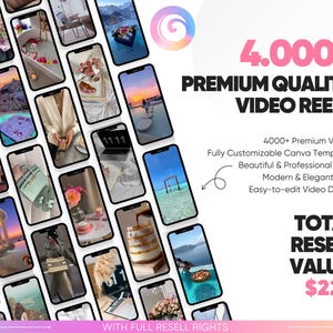 Op de afbeelding: Een collage van kleurrijke video-reels met een roze en witte achtergrond. De tekst "4.000+ Premium Quality Video Reels" wordt weergegeven in een groot roze lettertype. De tekst "Totale wederverkoopwaarde: € 226" wordt weergegeven in een zwart lettertype. De tekst "Met volledige wederverkooprechten" wordt weergegeven in een wit lettertype.