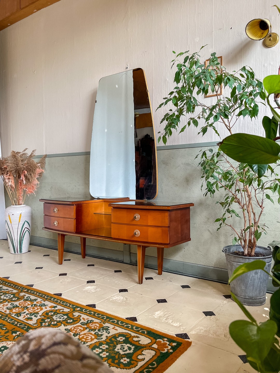 Vintage Mirror Dresser 60s Conical Feet Dresser Mirror Maple Etsy