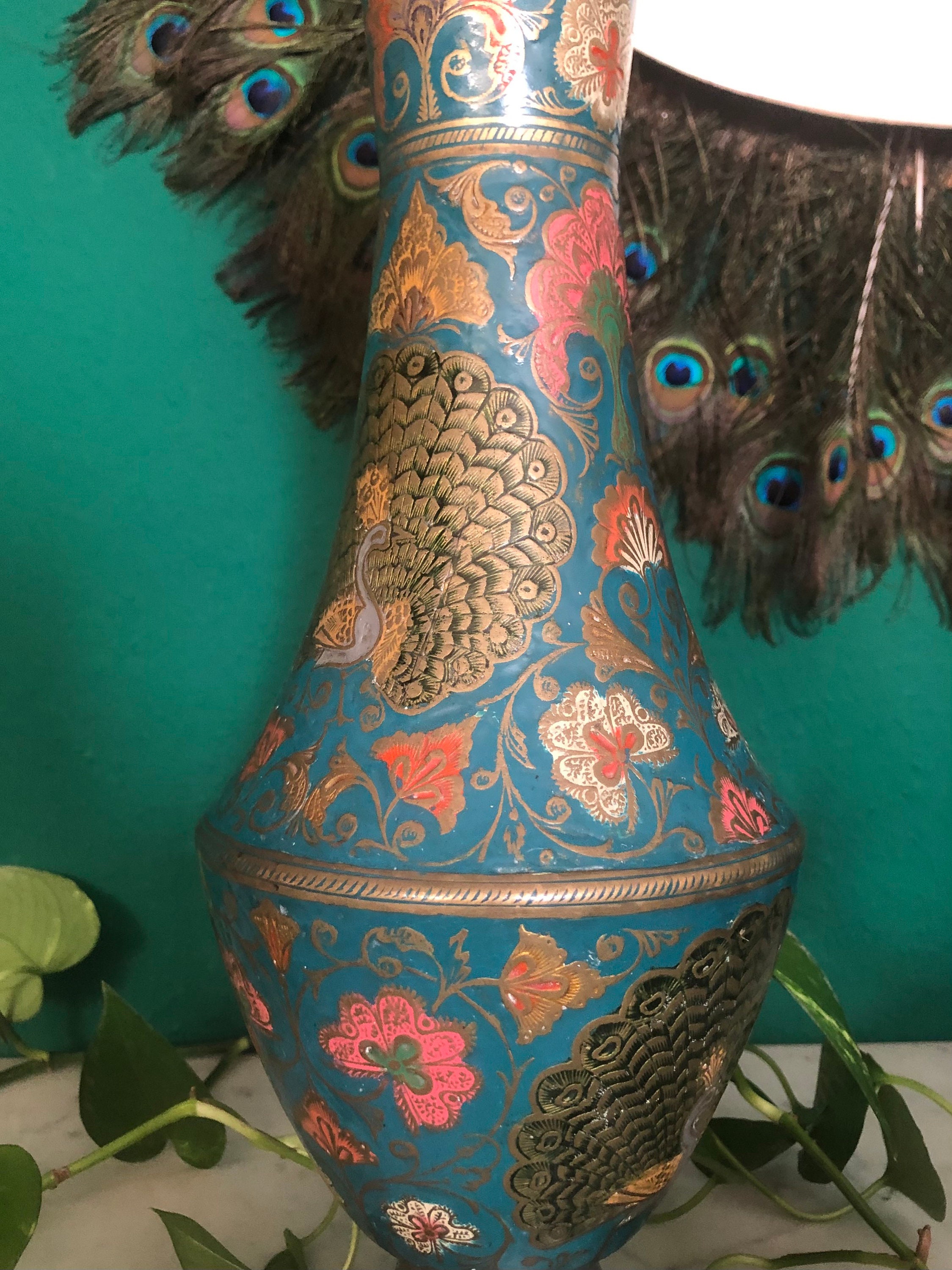 Large Brass Vase Peacock Cloisonne Boho India Brass Vase Etsy