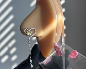 Dangle Nose Ring (L Bend) heart shaped dangling nose ring . long dangle nose ring . long heart nose ring . beautiful long nose ring . yellow