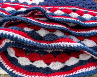 Crochet blanket "FANTASY FOOTBALL." 79"x79" Granny square afghan throw (or twin bed) handmade by Sharon in rural Ontario. Heirloom-quality.
