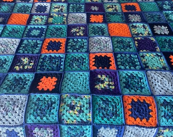 Crochet blanket "SPORTY KID." 63"x72" Granny square afghan throw Handmade by Sharon in rural Ontario. Heirloom-quality.