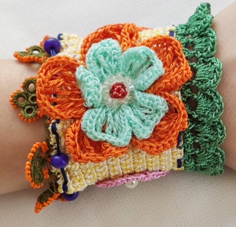 Wristband orange Beadeds boho Bracelet green Raziyeshandmade Needlework Women Adjustable Crochet Turkish oya Jewelry Friendship Handmade