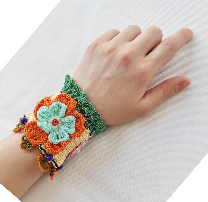 Wristband orange Beadeds boho Bracelet green Raziyeshandmade Needlework Women Adjustable Crochet Turkish oya Jewelry Friendship Handmade