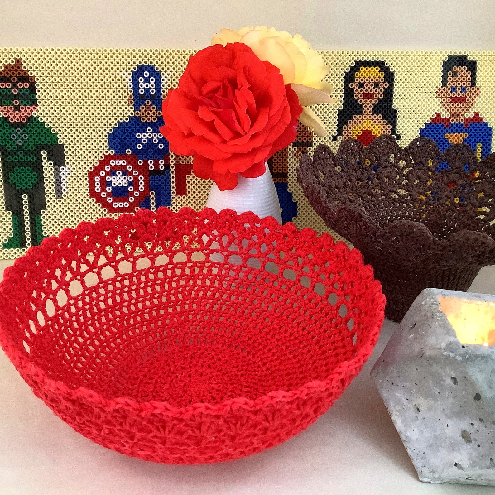 Crochet doily bowl from reclaimed cotton and silk yarn. Etsy
