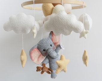 Baby mobile Elephant flight with brown balloons/ Nursery Mobile / Crib Mobile Baby / Baby Shower Gift / Mobile for Cribs / Nursery Decor