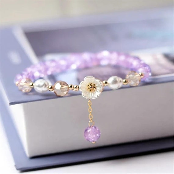 Fashion Korean White Flower Purple Beaded Bracele… - image 1