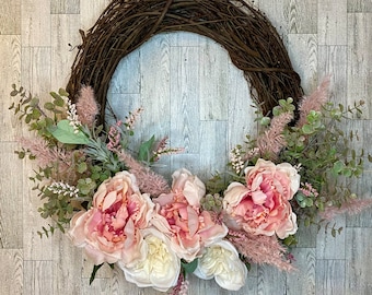 Shabby Chic pink peonies and roses romantic wreath