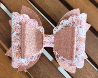 Pink Pumpkins & Shimmer Rose Gold faux leather hair bow, fall, sparkle, glitter, Gift for girls, toddler, kid, daughter, mom, accessories