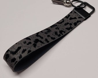 Luxe Leopard Print Faux Leather Wristlet, Matte Black Keychain, Key Fob, Lanyard, Keys, Birthday Present, Gift Idea for her, teacher, mom