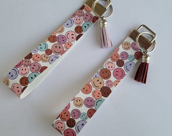 Retro Smiley Face Faux Leather Wristlet, boho, vintage, happy, emoji, Keychain, Key Fob, Lanyard, Wallet, Stocking Stuffer, Gift idea