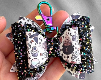 Witchy Faux Leather Bow Bag Charm, Halloween Keychain