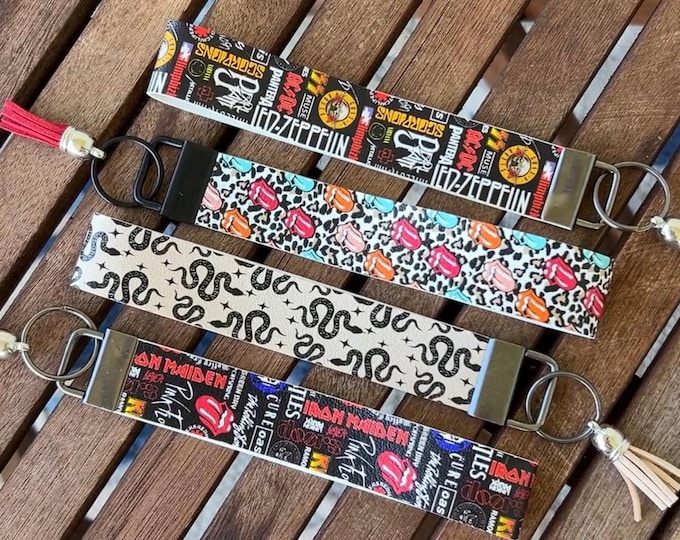 Rock Bands Faux Leather Wristlet Keychain: 80s Music Gift
