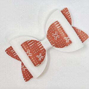 Boho Faux Leather Hair Bow: Rust Mud Cloth Pattern