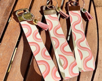 Retro Rainbow Faux Leather Wristlet, boho, vintage, stripes, waves, shimmer, sparkly, wavy, Keychain, Key Fob, Lanyard, Wallet, Gift idea