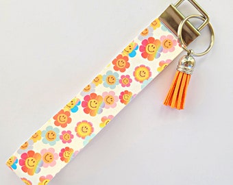 Rainbow Daisy Smiley Face, Faux Leather Wristlet, boho, vintage, happy, emoji, Keychain, Key Fob, Lanyard, Birthday Present, Gift idea
