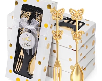 Tea party gold alloy spoon and fork set with butterfly detail. Has gift box and tag - shower, wedding, work, birthday, party favor 4” tall