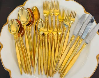 Juego de cubiertos antiguos chapados en oro con diseño de pétalos, 24 piezas, servicio para 4 personas, Japón.