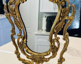 Gorgeous Large vintage brass vanity table mirror baroque Victorian style 20” tall 11” wide