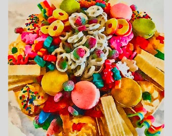 Digital Print of Watercolor of a Colorful Candy Charcuterie Platter